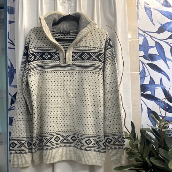 Men’s Pronti Collection by Phita Cream & Blue Quarter Zip Pullover Sweater M - Picture 1 of 6